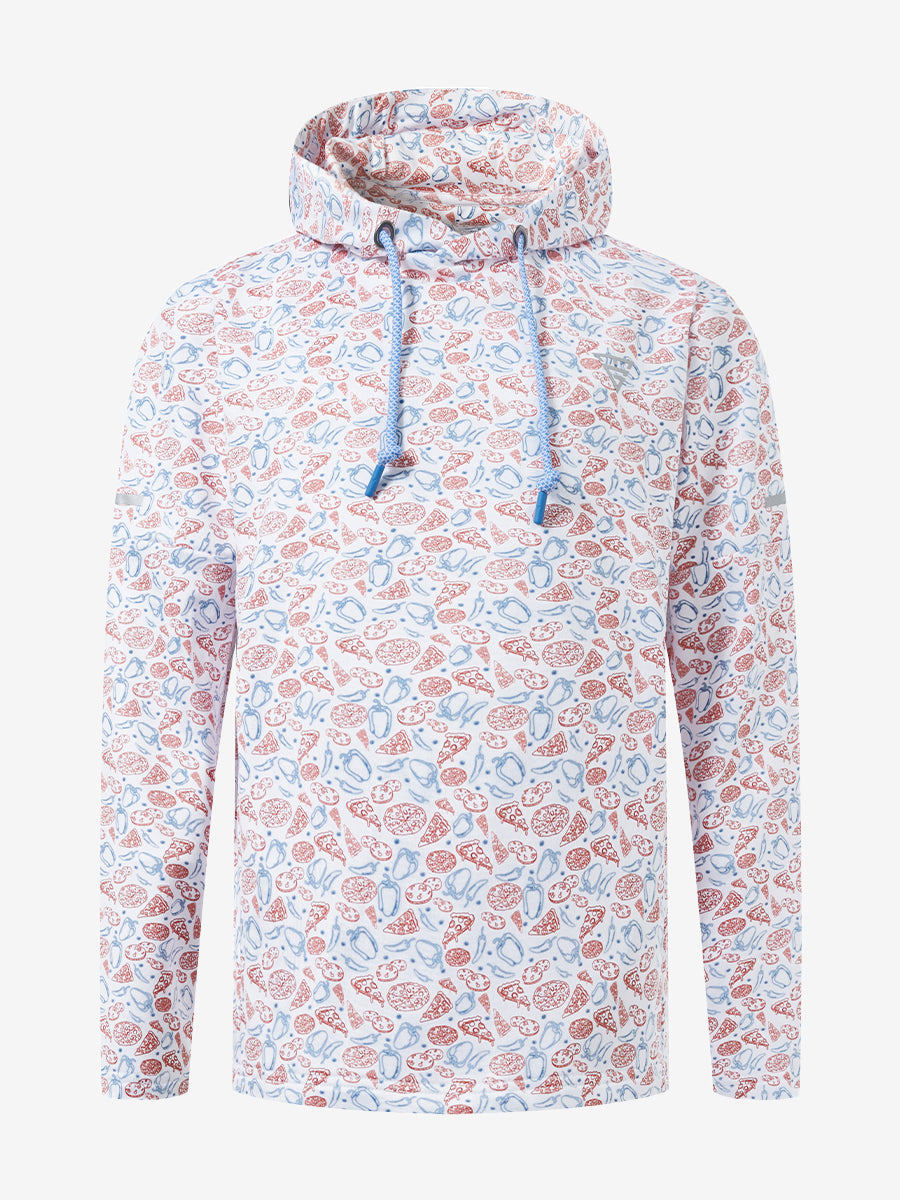 Front 3D view of youth full print hoodies pullover showing detailed fabric and fit, white pizza.