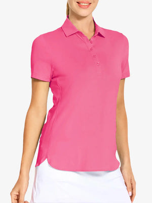 Front view from nose to hem of model wearing ROSE Women's Performance Solid Polo with skirt