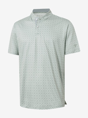 3D view of gray geometric stretch printed collarless henley golf shirts.