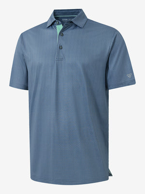 Front 3D view of Performance quick dry print golf polos in navy light blue ovals, clean athletic design