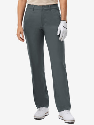 Front lower body shot of model wearing dark gray women's regular fit stretchy golf pants
