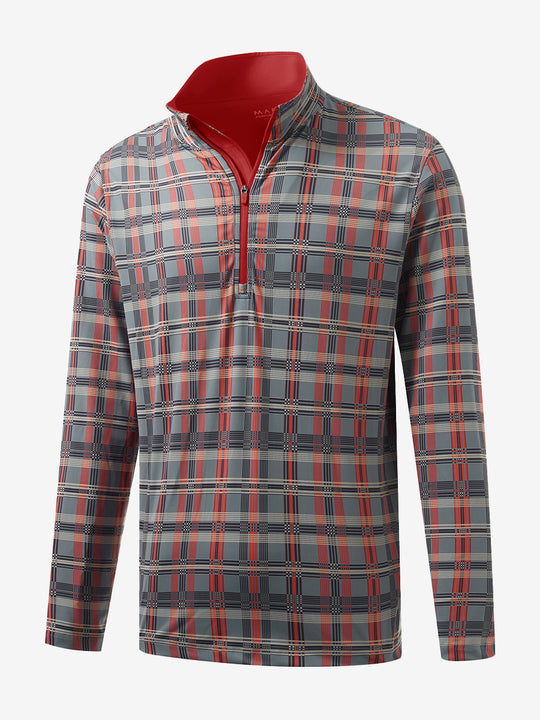 3D front view of the full print quarter zip pullover in red/black/white plaid, showcasing bold and modern style.