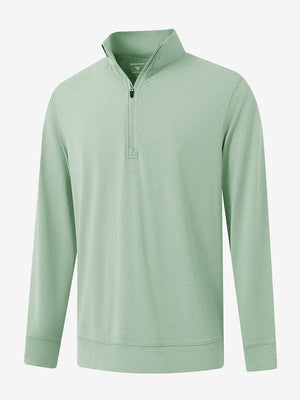 Front 3D image of quarter zip melange pullover in beryl green melange, showing texture and details.