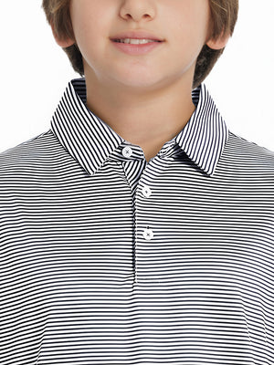 Front view of youth wearing navy stripe performance cooling polo, showing collar and chest fit