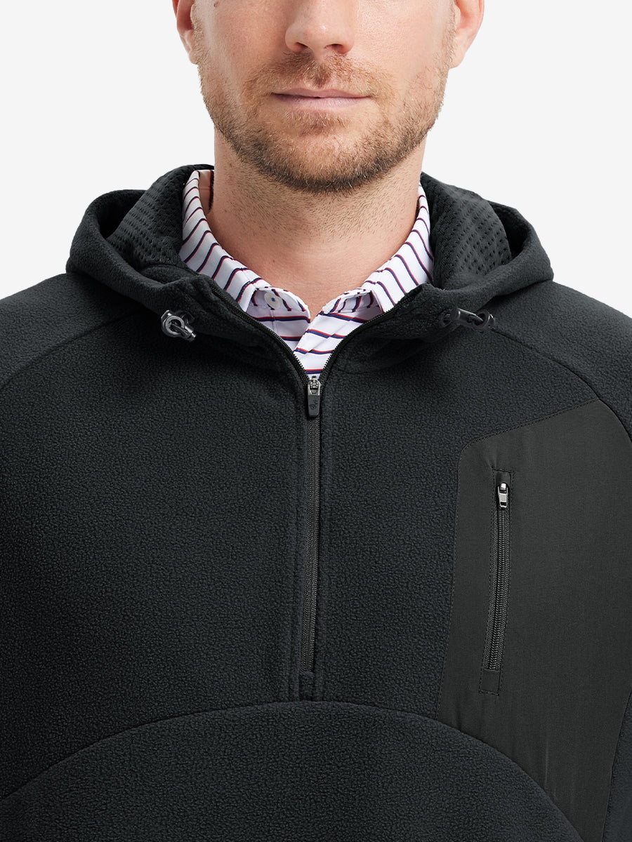 Collar detail from nose to chest, showing texture and zipper finish of the Black fleece top.