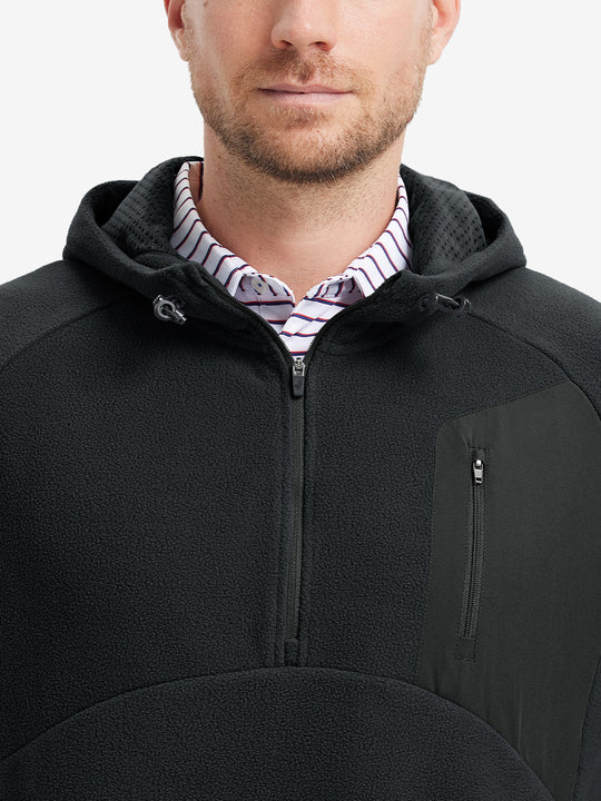 Collar detail from nose to chest, showing texture and zipper finish of the Black fleece top.