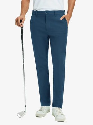 Front lower leg view of Water Repellent 8 Pockets Pants in BLUE INDIGO，model holds golf club with right hand.