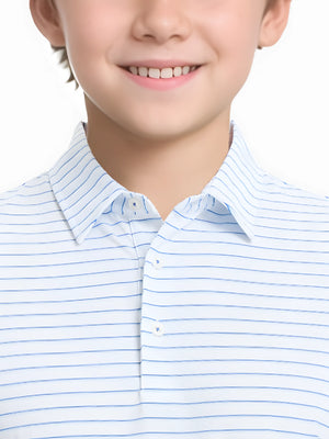 Front half-body view from nose to chest of model wearing WHITE/LIGHT BLUE STRIPE Youth Performance Golf Polo.