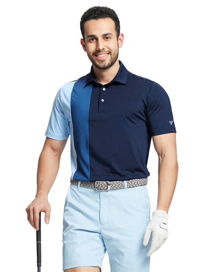 Men's Solid Color Block Patchwork Polo Shirts-Navy