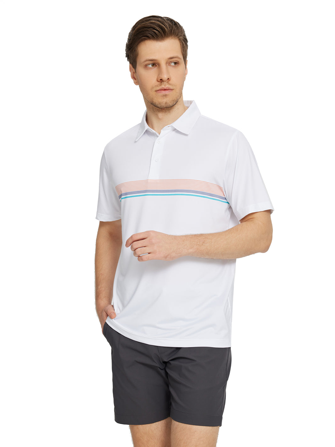 Men's Striped Print Golf Polo Shirts-White4