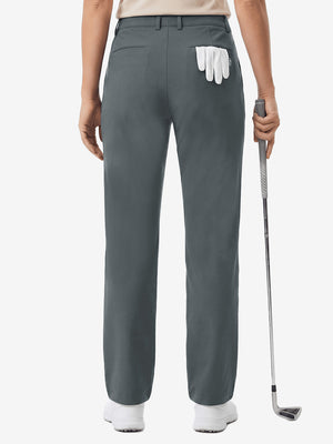 Back lower body shot of model wearing dark gray women's regular fit stretchy golf pants