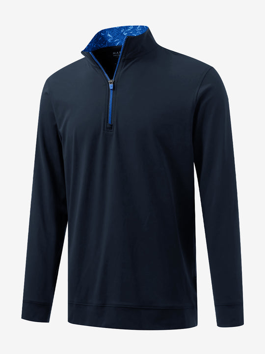 3D front view of the lightweight golf quarter zip pullover in navy, clean and athletic design.