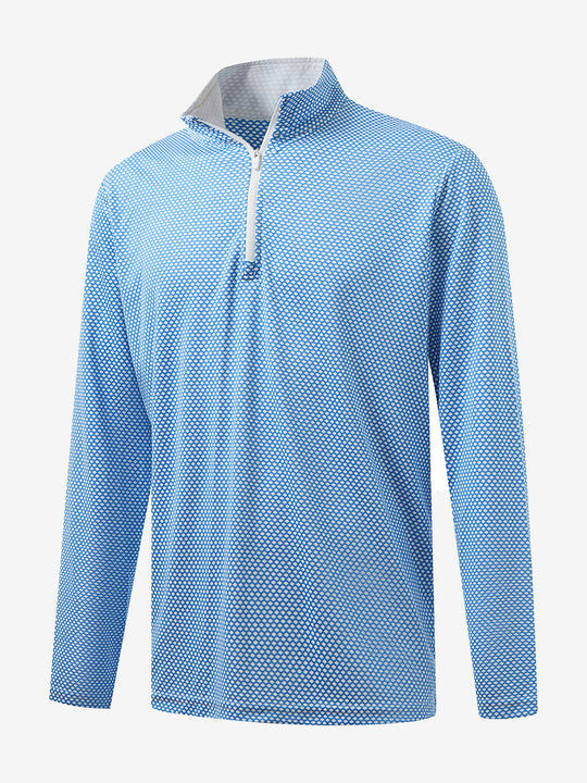 Front 3D view of jacquard quarter zip pullover in blue/white, showing its textured fabric design.