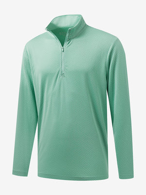 Front 3D view of jacquard quarter zip pullover in light green, showing its textured fabric design.
