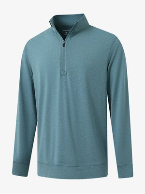 3D view of AQUA HEATHER Quarter Zip Melange Pullover showing shape and melange pattern.