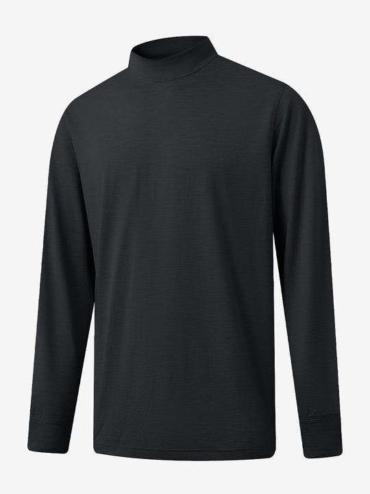 3D front display of Men’s Long Sleeve Mock Turtleneck Shirt in Black, clean and modern fit.