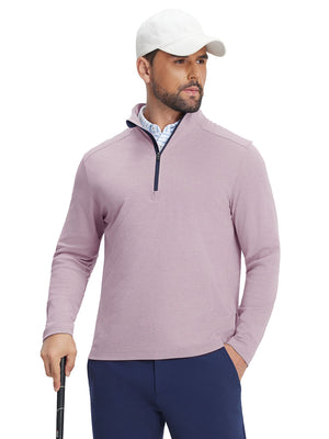 Front upper body view of model holding a golf club in red two tone pique cotton blend q-zip