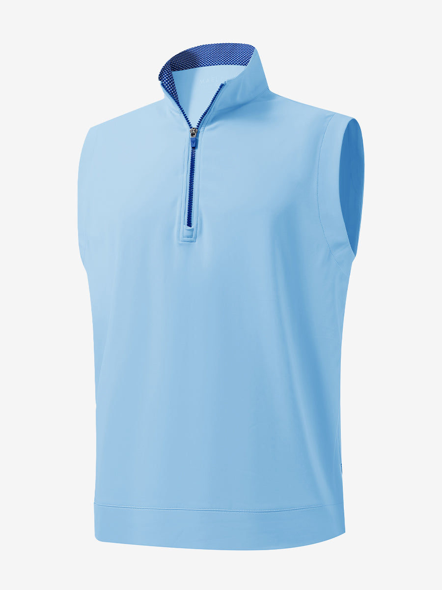3D front view of the print collar quarter zip golf vest in light blue, sleek and sporty design.