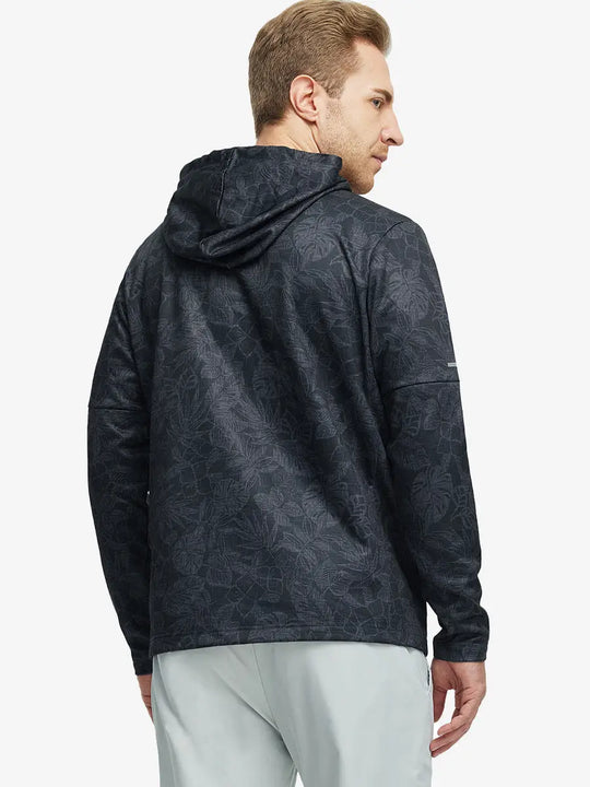 Model wearing Black Grey Leaf Trendy Print Hoodies Pullover – front half-body view