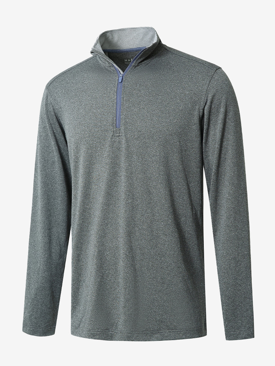 3D rendered display of the GREY MELANG Moisture Wicking Quarter Zip Pullover laid out in detail.