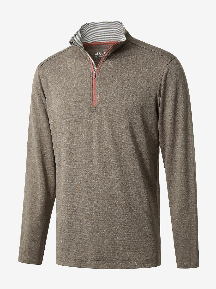 3D rendered display of the BROWN MELANGE Moisture Wicking Quarter Zip Pullover laid out in detail.