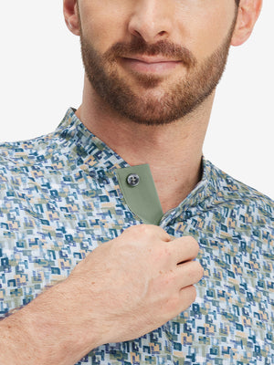 Close-up: nose to chest in blue abstract stretch printed collarless henley golf shirts