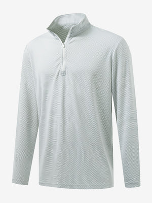 Front 3D view of jacquard quarter zip pullover in light grey, showing its textured fabric design.