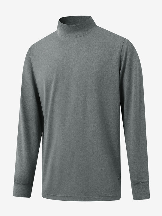 3D front display of Men’s Long Sleeve Mock Turtleneck Shirt in Black Grey Heather, clean and modern fit.