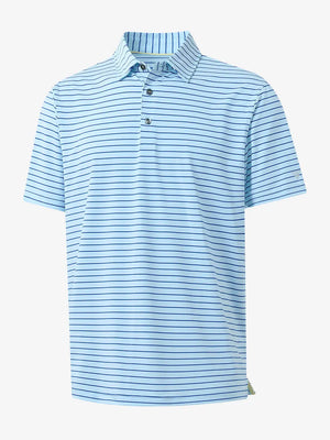 3D display of LIGHT BLUE/COBALT STRIPE Polo showing crisp yarn-dyed fabric