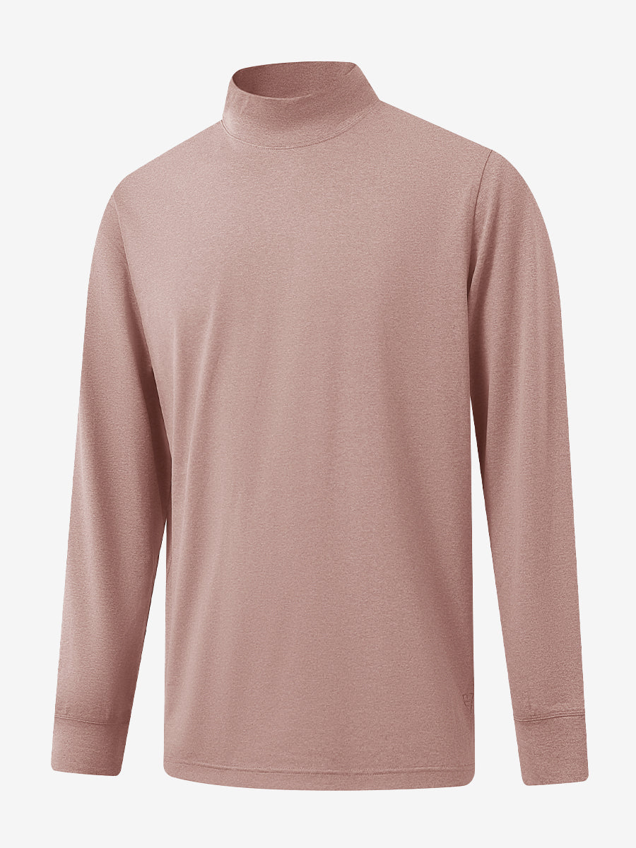 3D front display of Men’s Long Sleeve Mock Turtleneck Shirt in Pink Heather, clean and modern fit.