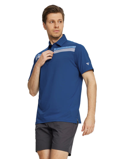 Men's Striped Print Golf Polo Shirts-Blue