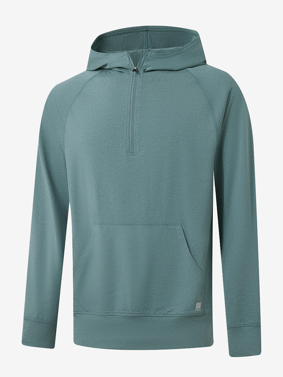 3D front view of the Quarter Zip Hoodie with Kangaroo Pocket in Aqua Heather, athletic casual style.