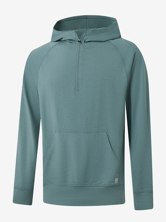 3D front view of the Quarter Zip Hoodie with Kangaroo Pocket in Aqua Heather, athletic casual style.