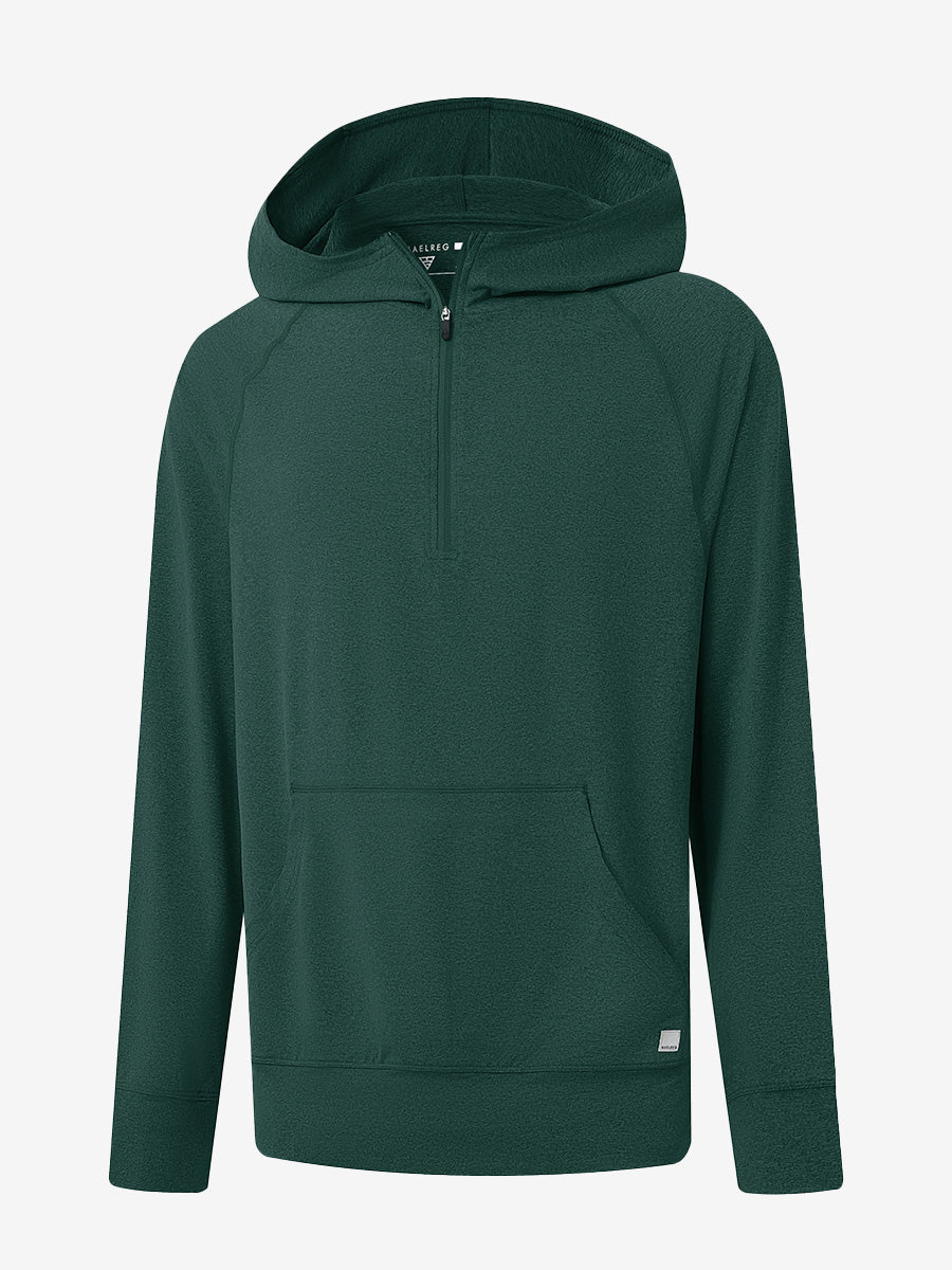 3D front view of the Quarter Zip Hoodie with Kangaroo Pocket in Turquoise Heather, athletic casual style.