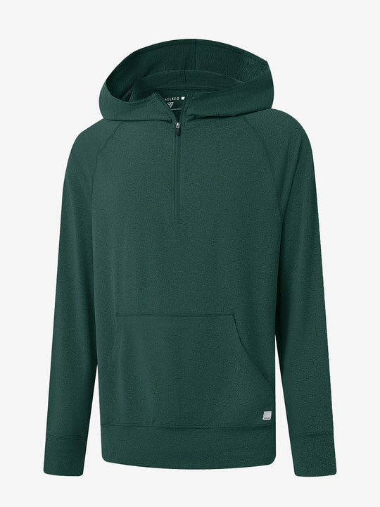 3D front view of the Quarter Zip Hoodie with Kangaroo Pocket in Turquoise Heather, athletic casual style.