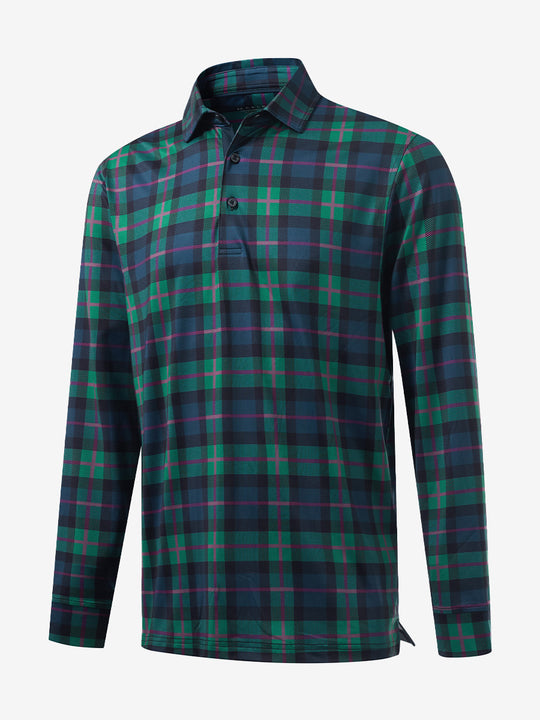 3D front view of the lightweight print long sleeve polo in dark plaid, modern and athletic design.