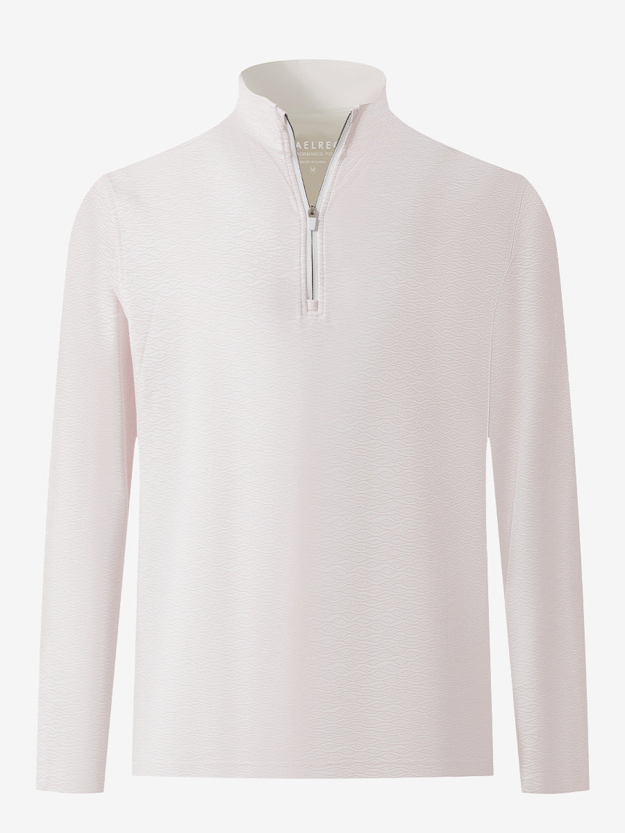 3D front view of the full print quarter zip pullover in orange line, showcasing bold and modern style.