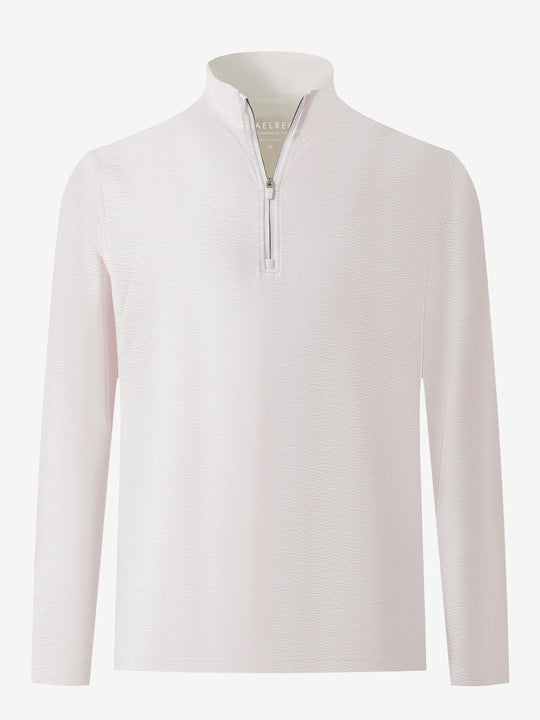 3D front view of the full print quarter zip pullover in orange line, showcasing bold and modern style.