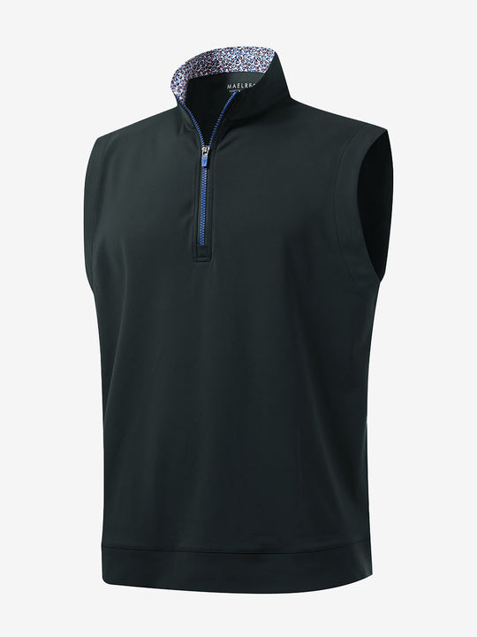 3D front view of the print collar quarter zip golf vest in dark grey, sleek and sporty design.