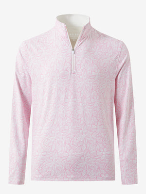 3D front view of the full print quarter zip pullover in pink artichoke, showcasing bold and modern style.
