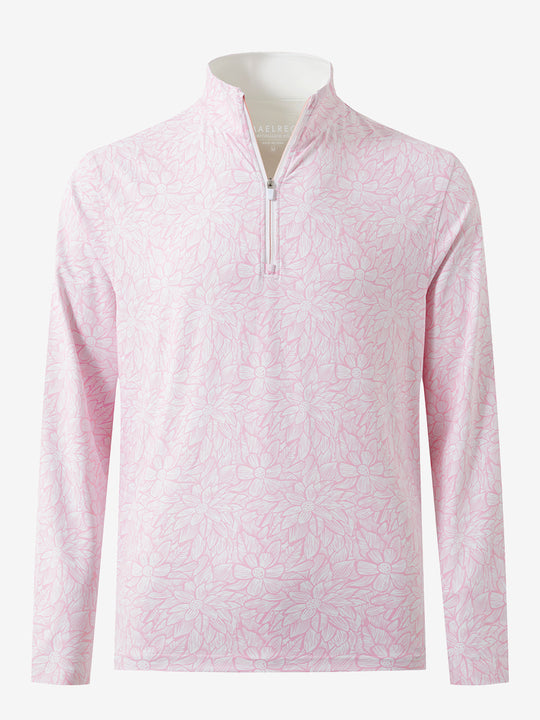 3D front view of the full print quarter zip pullover in pink artichoke, showcasing bold and modern style.