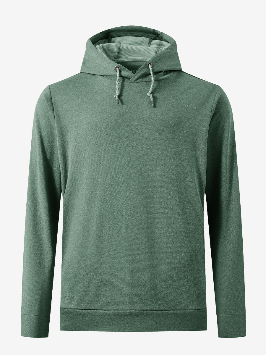 3D front view of the classic heather pullover hoodie in dark green melange, simple and relaxed athletic fit.