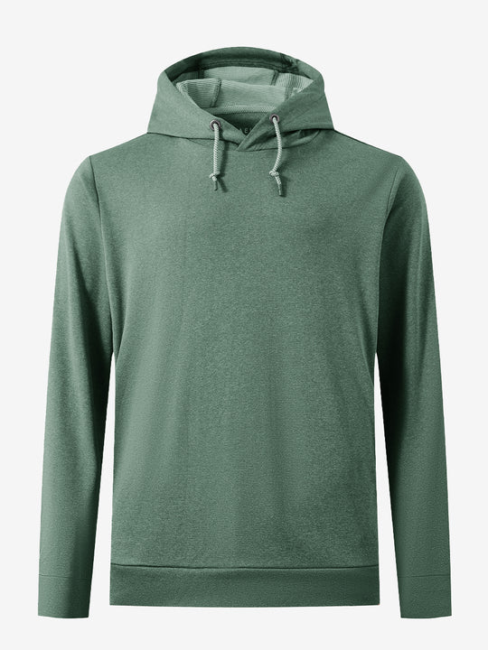 3D front view of the classic heather pullover hoodie in dark green melange, simple and relaxed athletic fit.