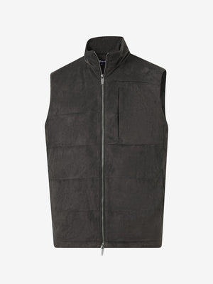 3D view of dark brown classic micro suede leather puffer vest