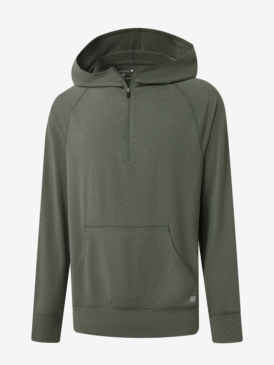 3D front view of the Quarter Zip Hoodie with Kangaroo Pocket in Olive Green Heather, athletic casual style.