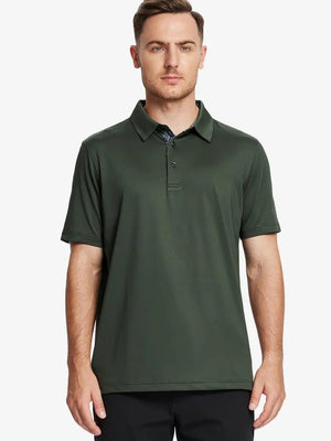 Front half-body view of male model in the Olive Green Everyday Classic Solid Polo, standing still