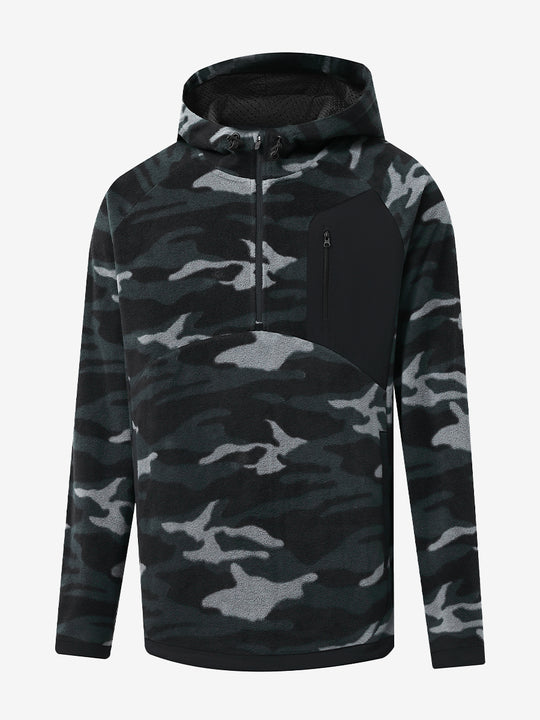 3D front view of the Quarter Zip Polar Fleece Sweatshirt in Black Camo, simple and athletic look.