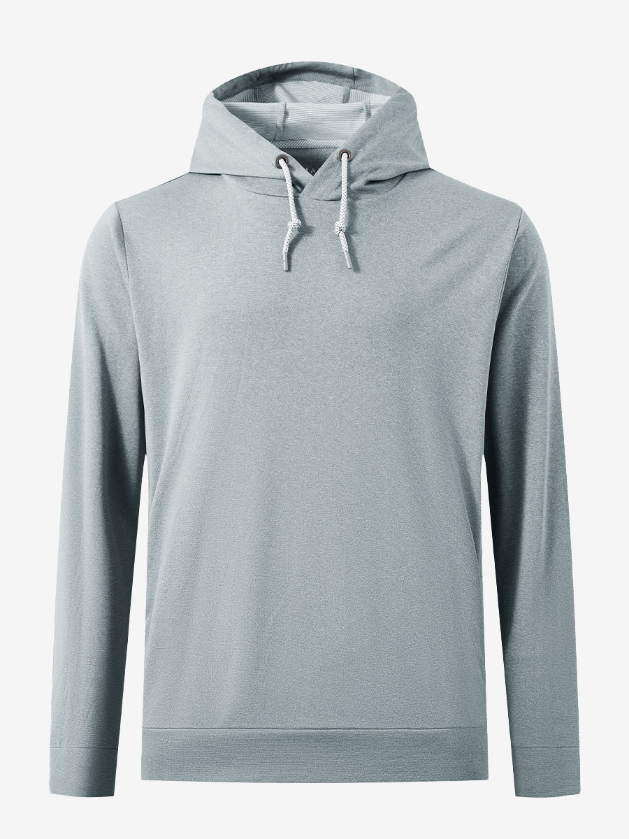 3D front view of the classic heather pullover hoodie in lunar rock melange, simple and relaxed athletic fit.