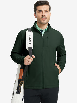 Model wearing forest green lightweight casual fleece jacket with 5 pockets, hand in pocket, tennis bag