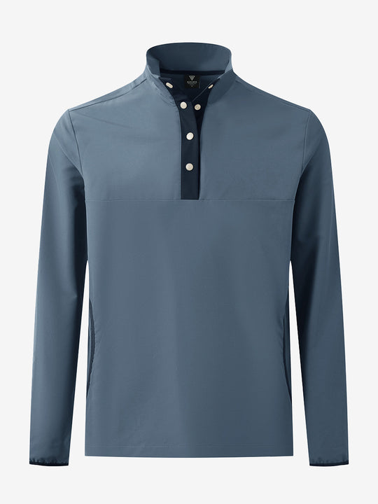 3D front view of the mock neck quarter button golf pullover in misty blue, sleek and modern design.
